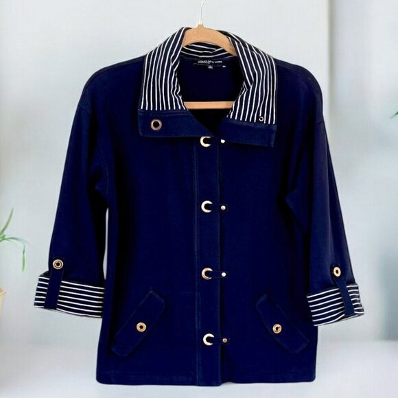 Jones NY Nautical Sailor Cotton Stretch Navy Blue Stipe Knit Jacket - Picture 5 of 9